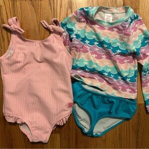 Girls Pink One-Piece Swimsuit & Mermaid Print Rash Guard Set